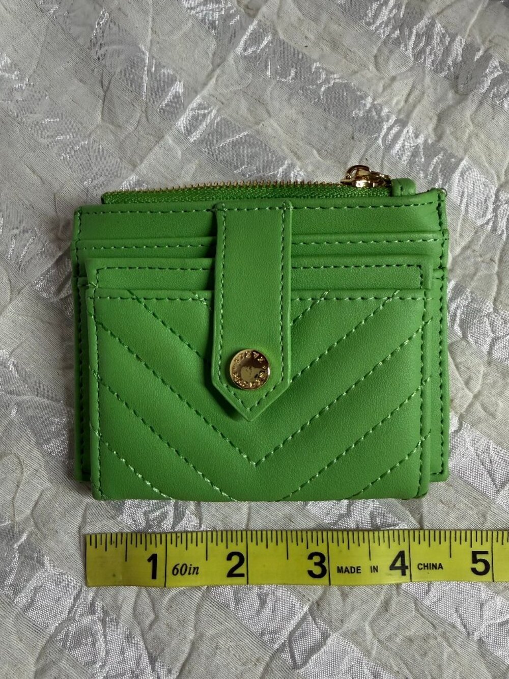 Steve Madden Bright Green Quilted V-Chevron Card Holder Zip Wallet